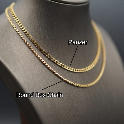 Modelos de cadena disponibles en dorado: Panzer y Round Box Chain