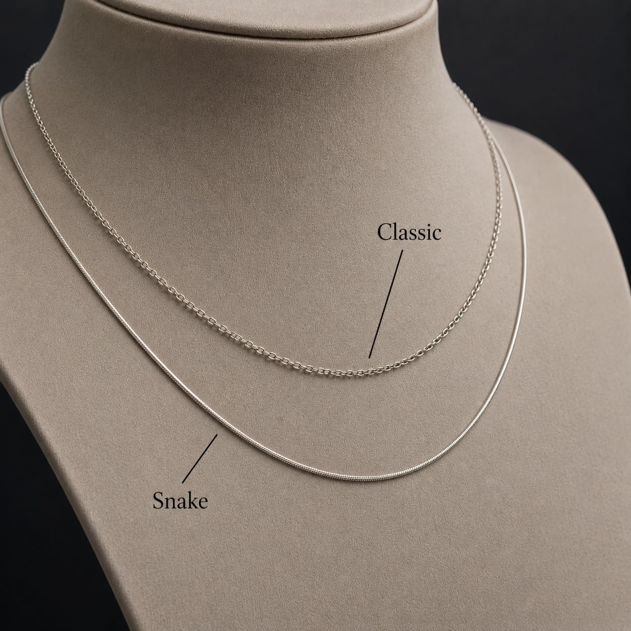 Modelos de cadena disponibles en plateado: Classic y Snake